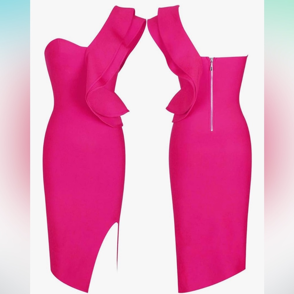 Elegant Pink Ruffle One-Shoulder Dress Never worn - Picture 2 of 4